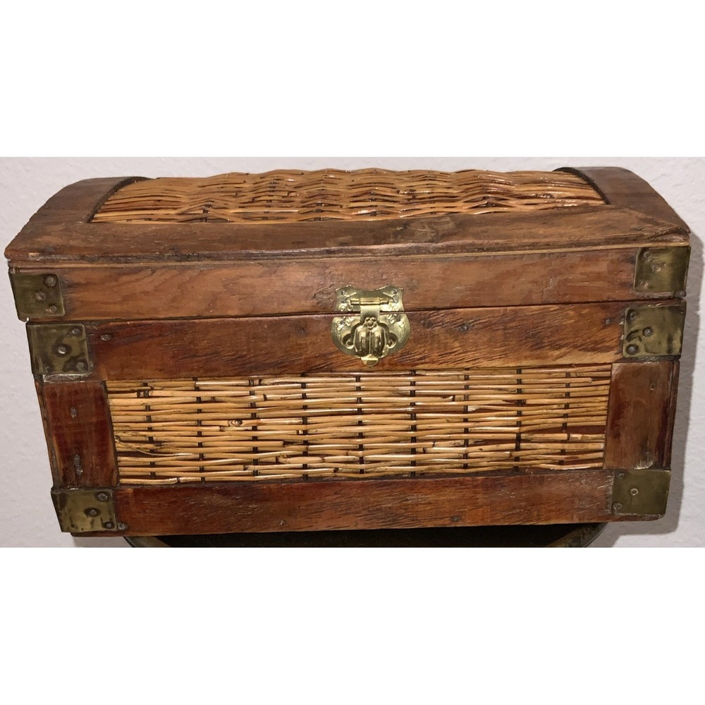 vintage chinoiserie Wicker And Wood Treasure Storage Box Brass Accent Boh
